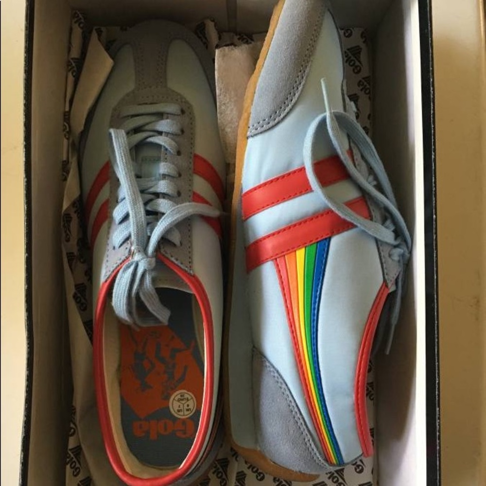 NWT Gola Raven in Powder Blue with Gola's Signature stripes in a rainbow color